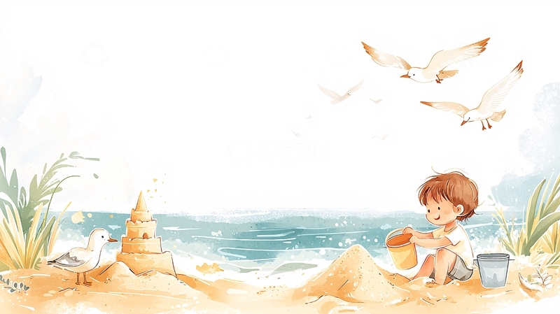 高清大图下载【趣麦麦图】海边堆沙堡的男孩