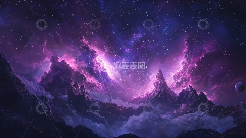 高清大图下载【趣麦麦图】紫色星云笼罩山脉