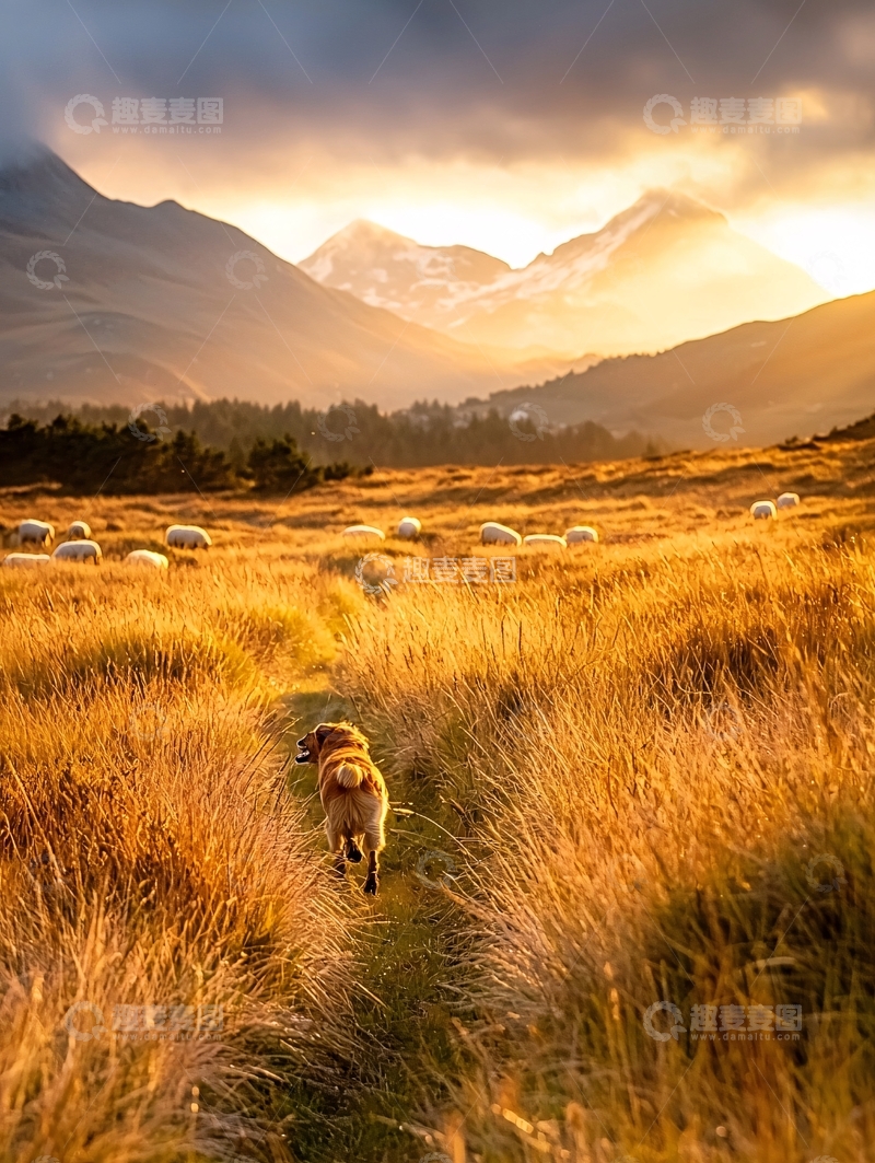 高清大图下载【趣麦麦图】金毛犬奔跑在山间草地
