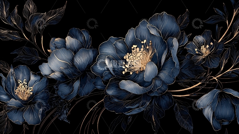 高清大图下载【趣麦麦图】深蓝色花卉图案背景素材