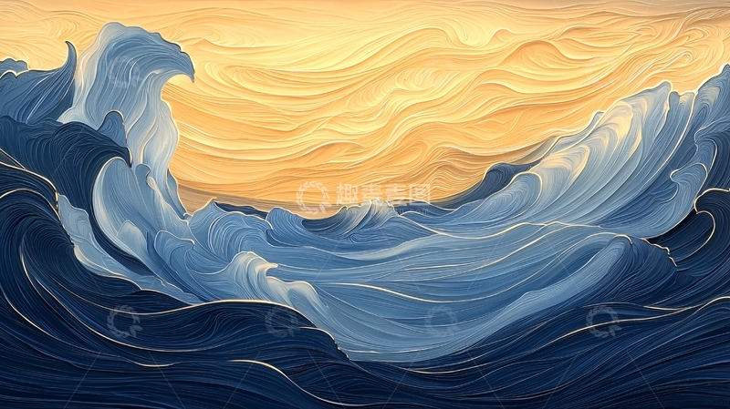 高清大图下载【趣麦麦图】海浪与日落的艺术插画