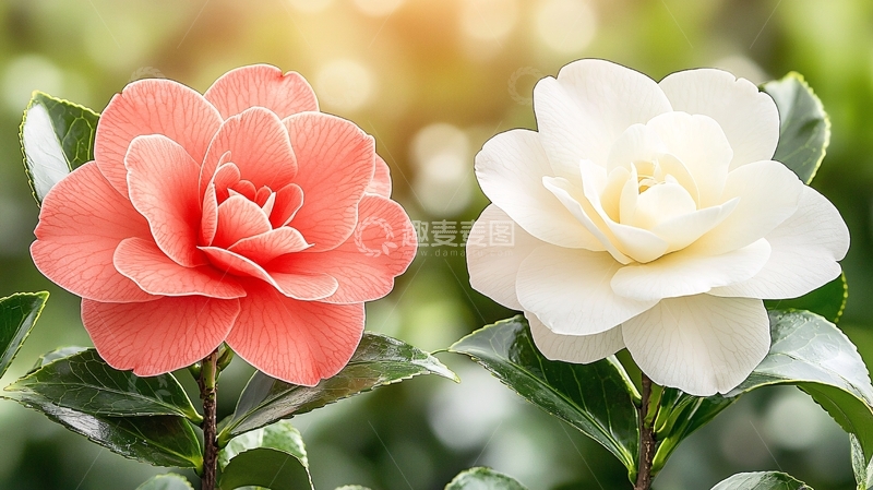 高清大图下载【趣麦麦图】粉色白色山茶花