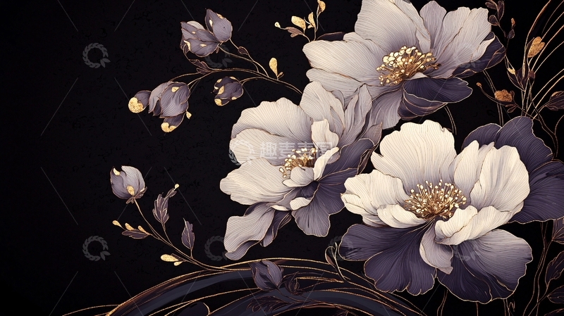 高清大图下载【趣麦麦图】黑色背景下的优雅花卉插画