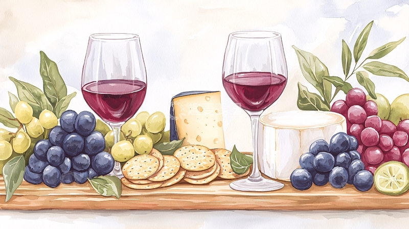 高清大图下载【趣麦麦图】红酒美食水彩风格绘画