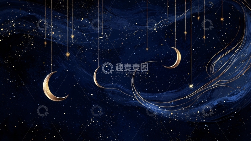 高清大图下载【趣麦麦图】梦幻夜空下的月亮与星星
