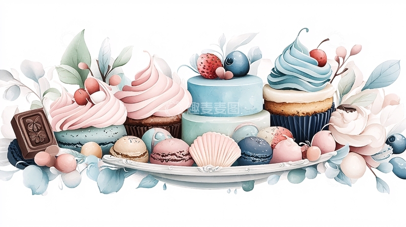 高清大图下载【趣麦麦图】精致甜点拼盘水彩风格