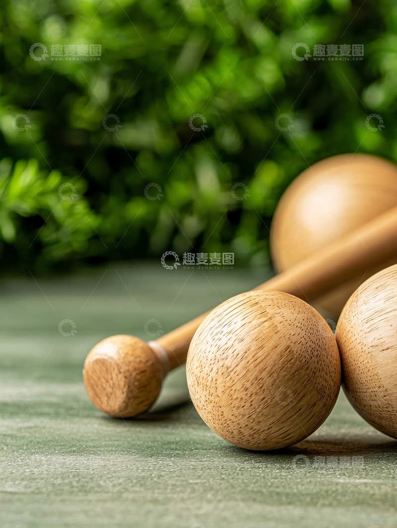 高清大图下载【趣麦麦图】木质按摩球在绿色背景前