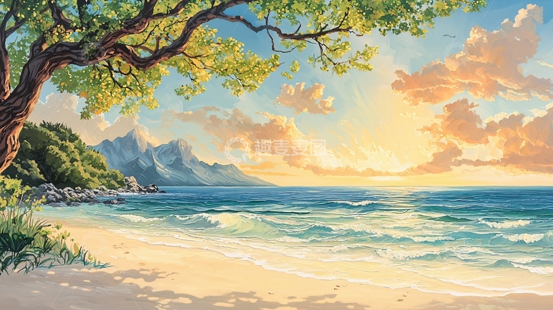 高清大图下载【趣麦麦图】海边日落风景油画