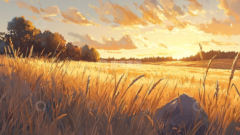 高清大图下载【趣麦麦图】金色麦田夕阳下的宁静