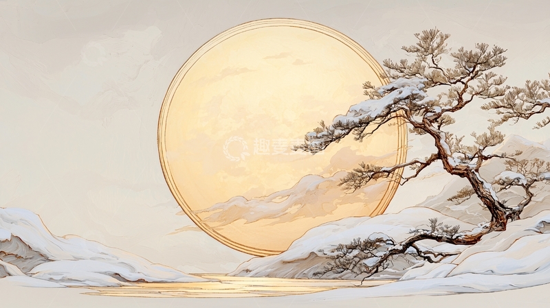 高清大图下载【趣麦麦图】雪景松树与圆月