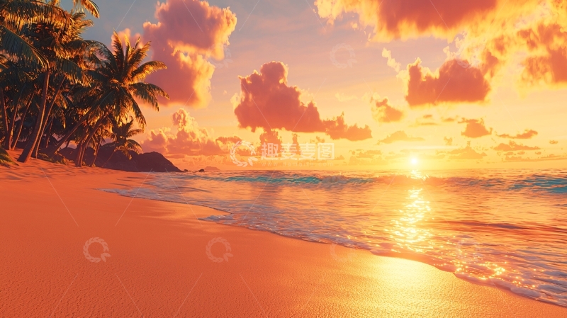 高清大图下载【趣麦麦图】夕阳下的海滩