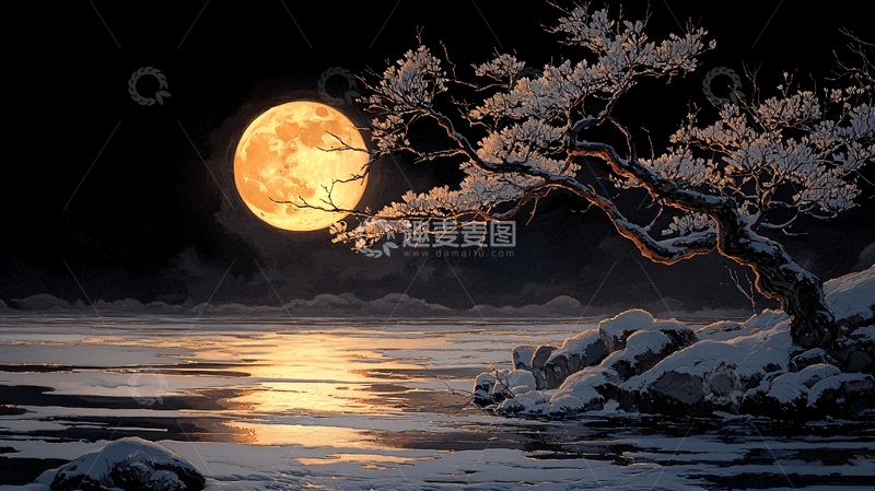 高清大图下载【趣麦麦图】冬夜月光下的雪景