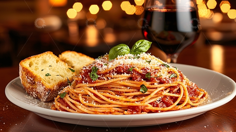 高清大图下载【趣麦麦图】意面与红酒的晚餐