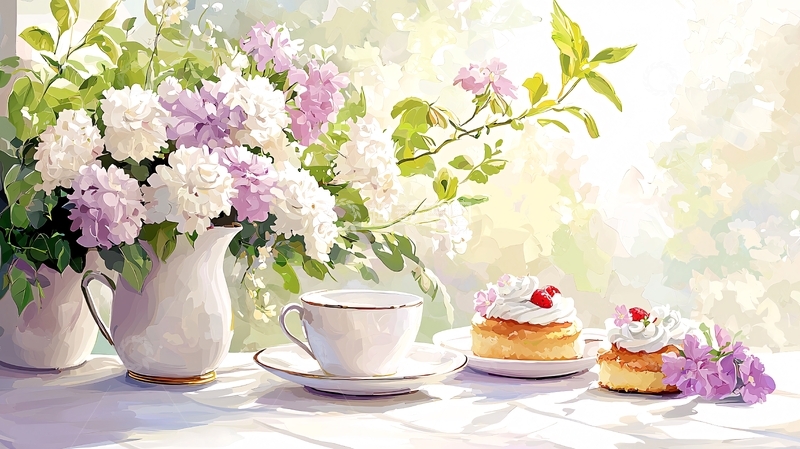 高清大图下载【趣麦麦图】鲜花和甜点在阳光下