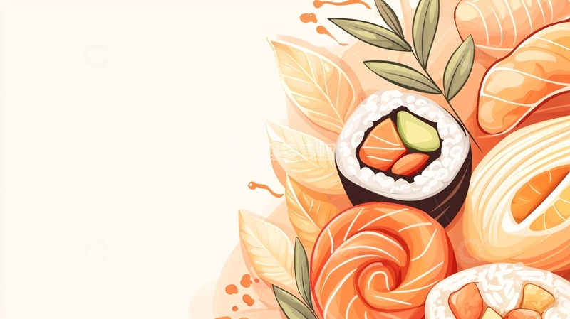 高清大图下载【趣麦麦图】手绘寿司卷与秋叶