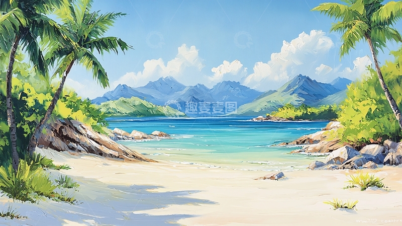 高清大图下载【趣麦麦图】热带海滩风景油画