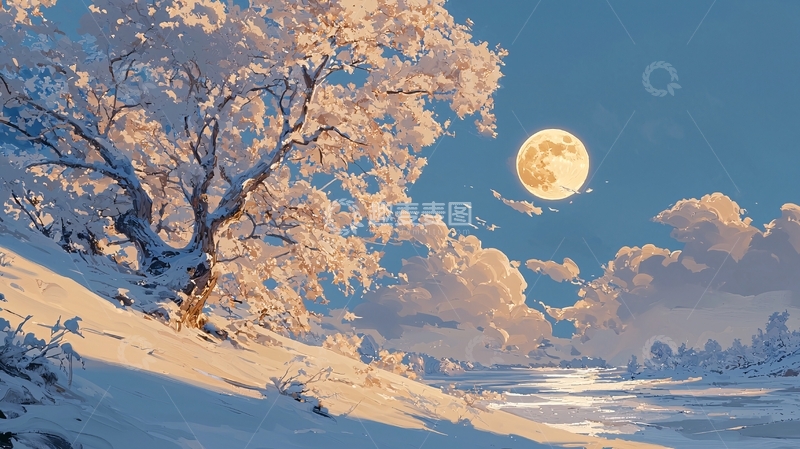 高清大图下载【趣麦麦图】冬夜月光下的雪景