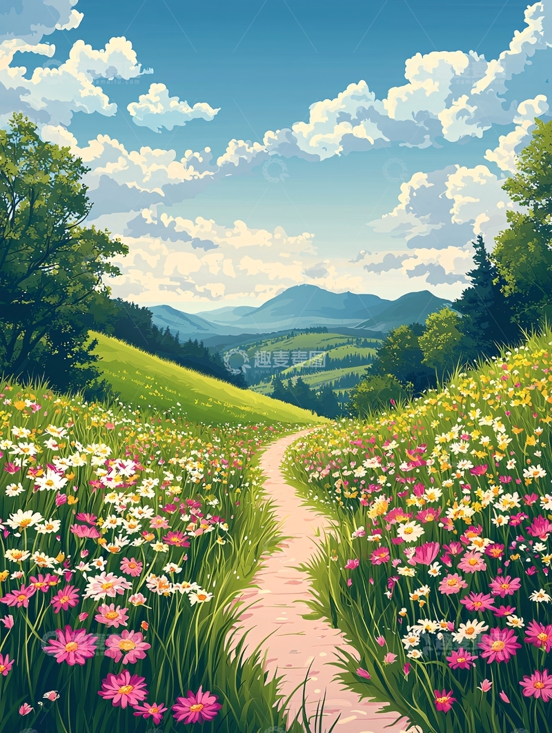 鲜花草地山峦的唯美风景