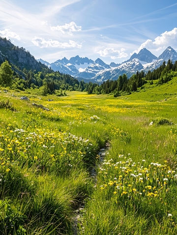 壮丽山脉下的翠绿草甸