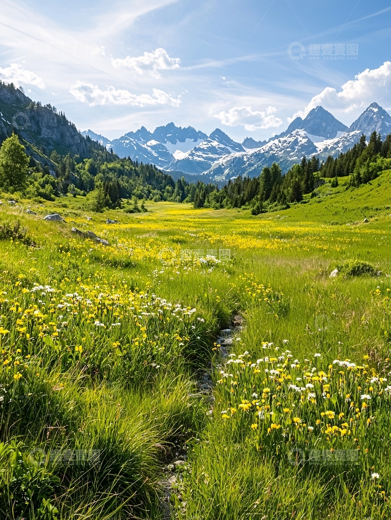 高清大图下载【趣麦麦图】壮丽山脉下的翠绿草甸