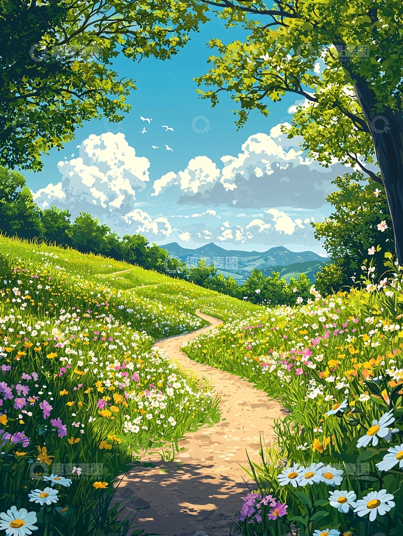 高清大图下载【趣麦麦图】田园风光小路鲜花