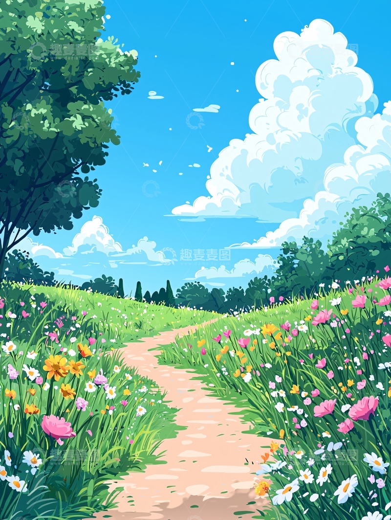高清大图下载【趣麦麦图】草地小路蓝天白云