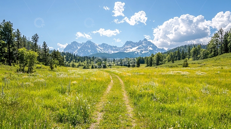 高清大图下载【趣麦麦图】翠绿草地远山白云的壮丽景色