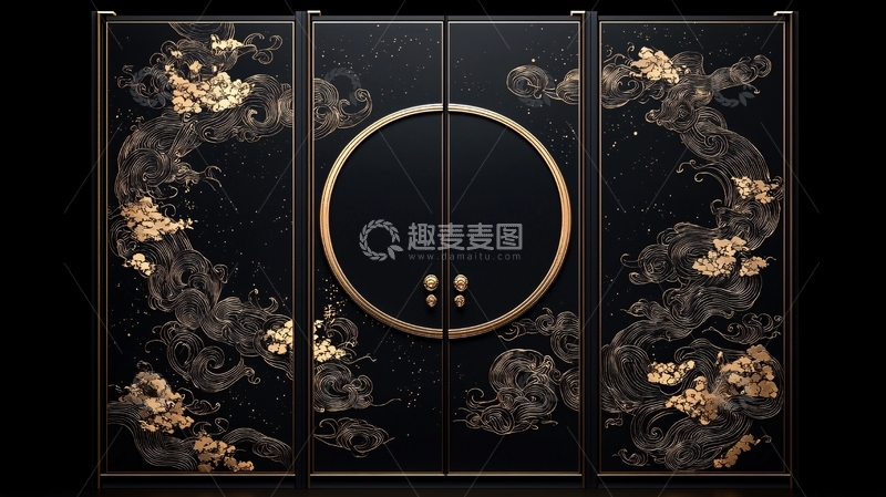 高清大图下载【趣麦麦图】黑色背景金色花纹装饰柜门