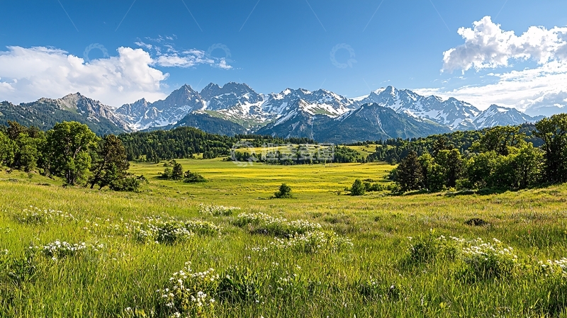 高清大图下载【趣麦麦图】壮丽雪山下的绿色田野