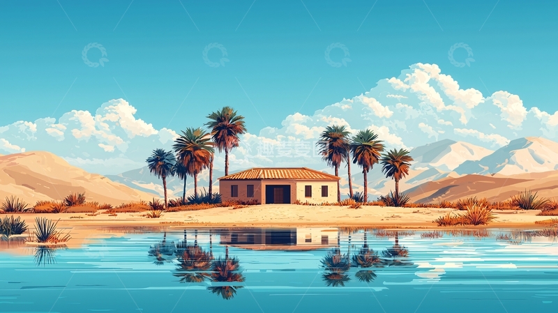 高清大图下载【趣麦麦图】沙漠绿洲中的小屋