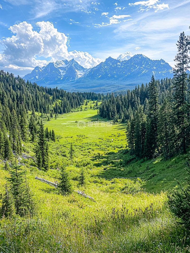 高清大图下载【趣麦麦图】山脉森林草地蓝天白云