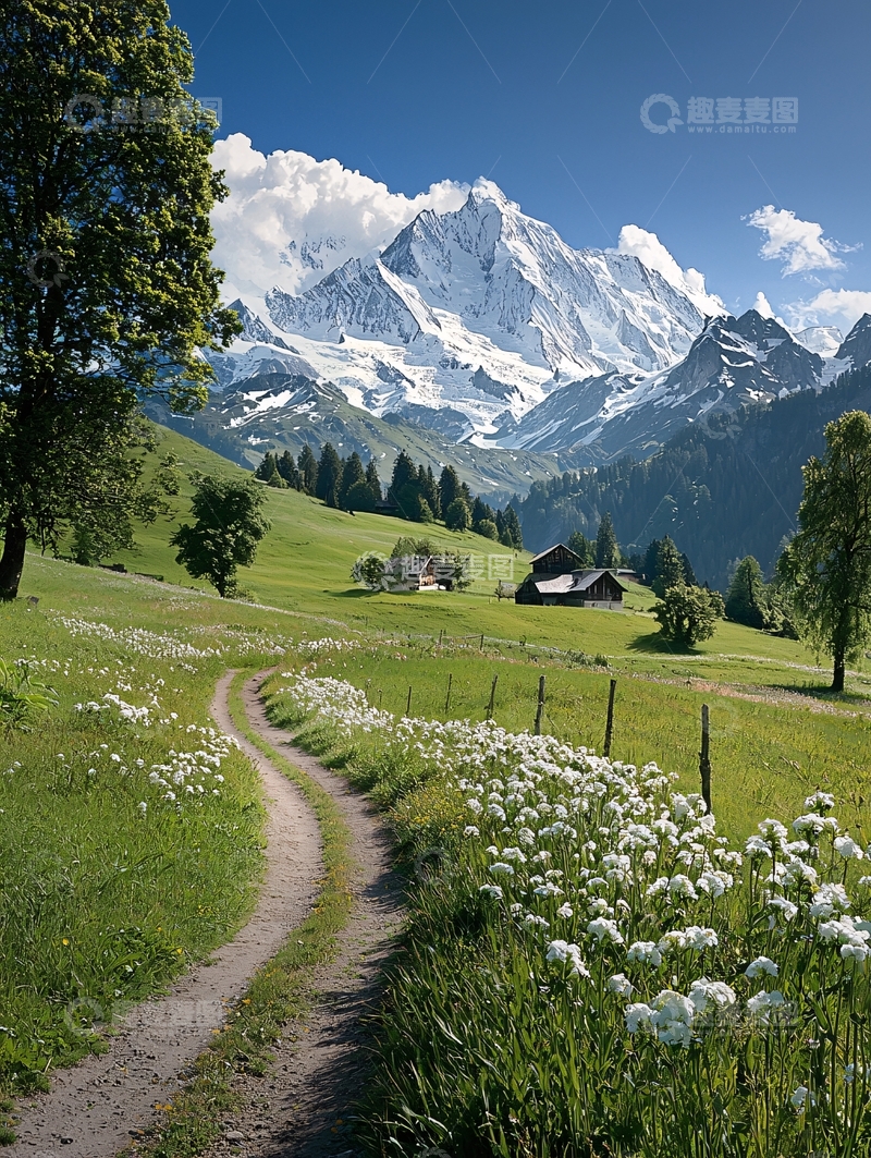 高清大图下载【趣麦麦图】雪山下的绿色田野小路