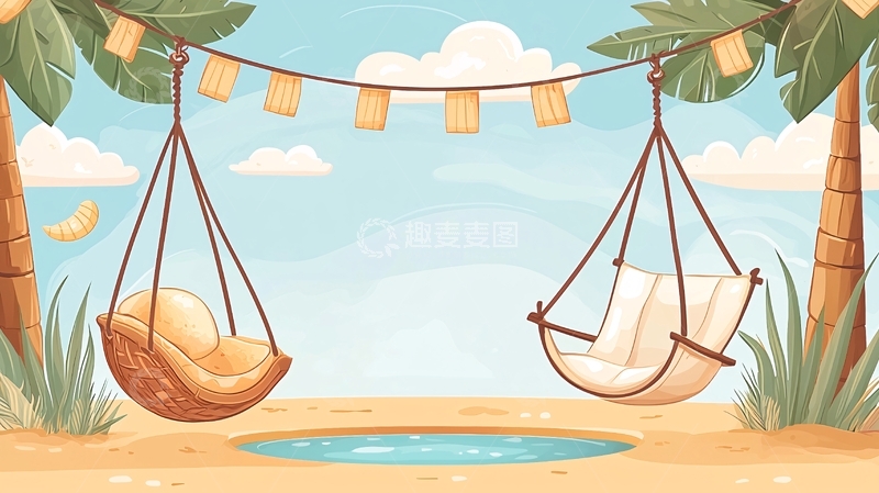高清大图下载【趣麦麦图】热带海滩吊床度假场景