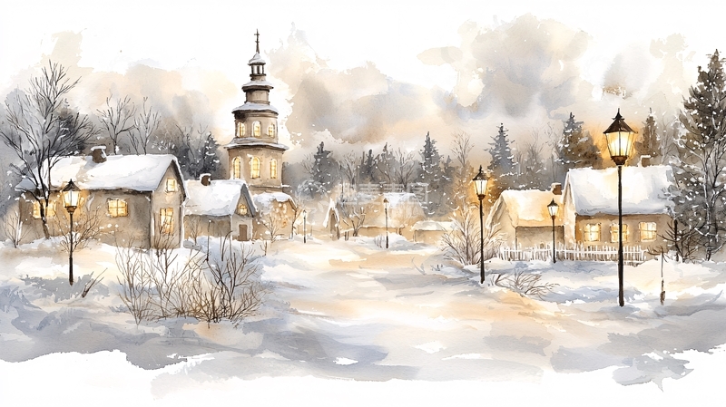 高清大图下载【趣麦麦图】雪夜中的小镇水彩画
