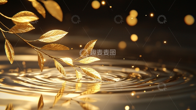 高清大图下载【趣麦麦图】金色枝叶与水波光影