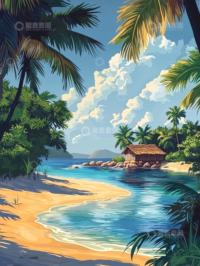 高清大图下载【趣麦麦图】热带海滩小屋天堂