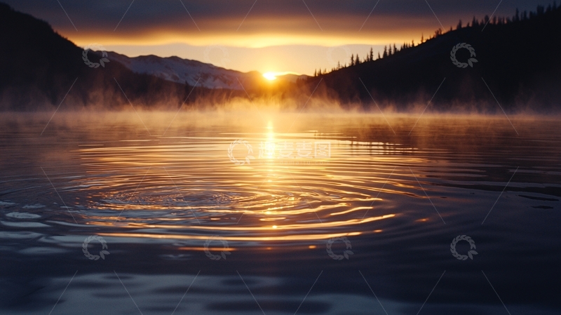 高清大图下载【趣麦麦图】晨雾中的湖面日出
