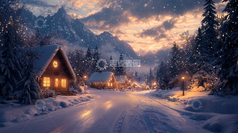 高清大图下载【趣麦麦图】雪夜小屋温暖灯光