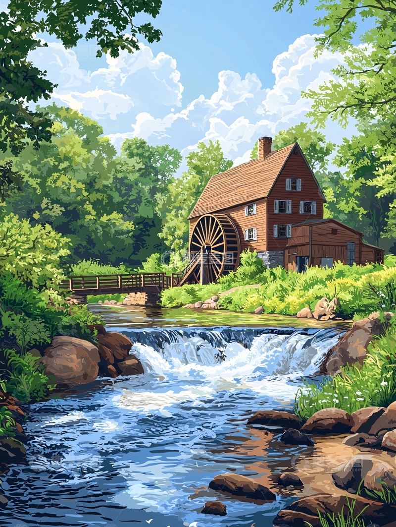 高清大图下载【趣麦麦图】水车小屋绿树环绕