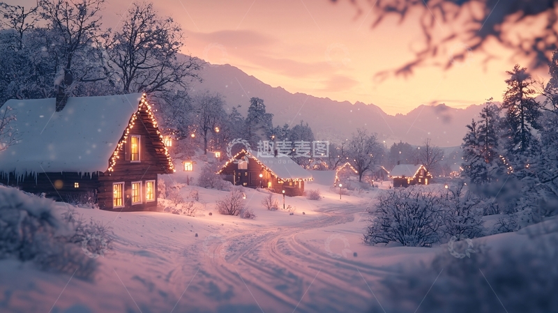 高清大图下载【趣麦麦图】雪夜乡村小屋