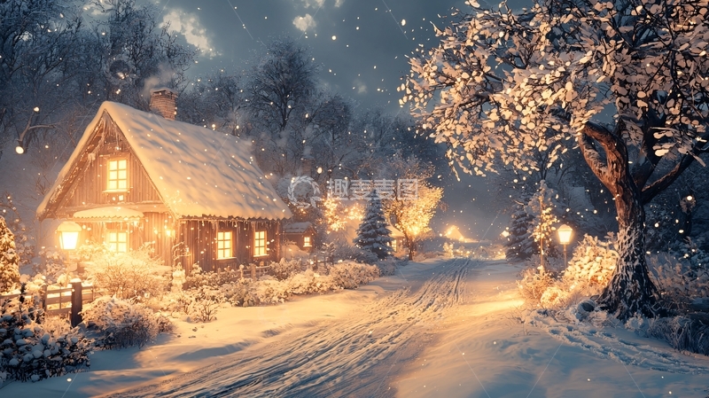 高清大图下载【趣麦麦图】雪夜小屋的温暖灯光