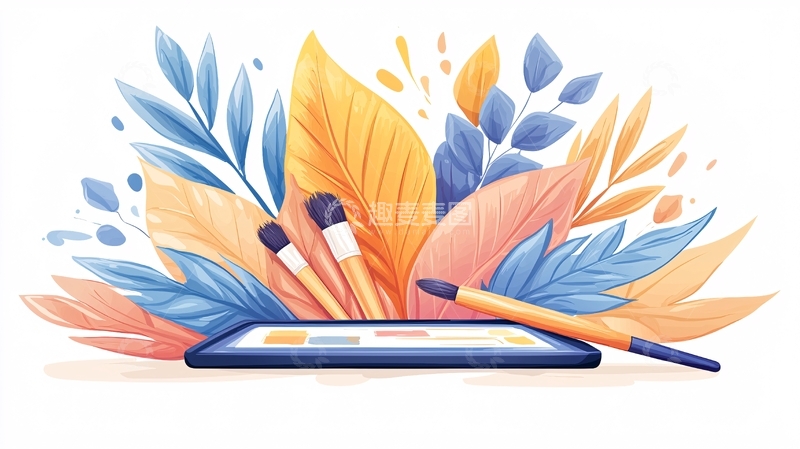 高清大图下载【趣麦麦图】平板电脑与笔刷和植物