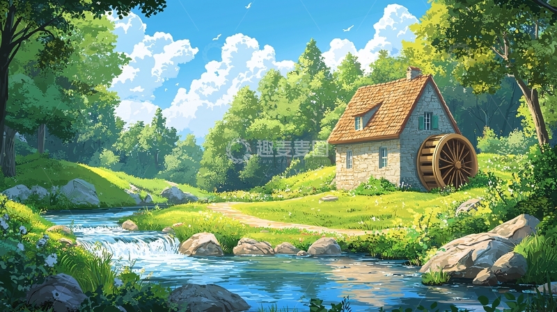 高清大图下载【趣麦麦图】美丽小屋旁的溪流