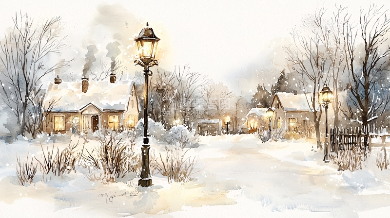 高清大图下载【趣麦麦图】雪后村庄的温暖灯光