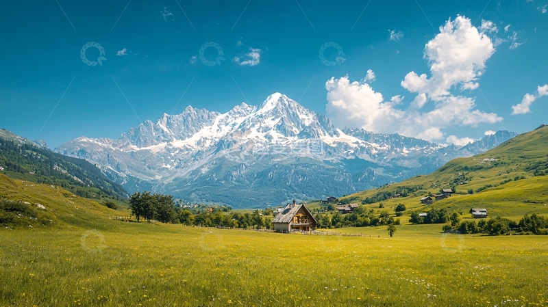 高清大图下载【趣麦麦图】雪山草地小屋蓝天白云