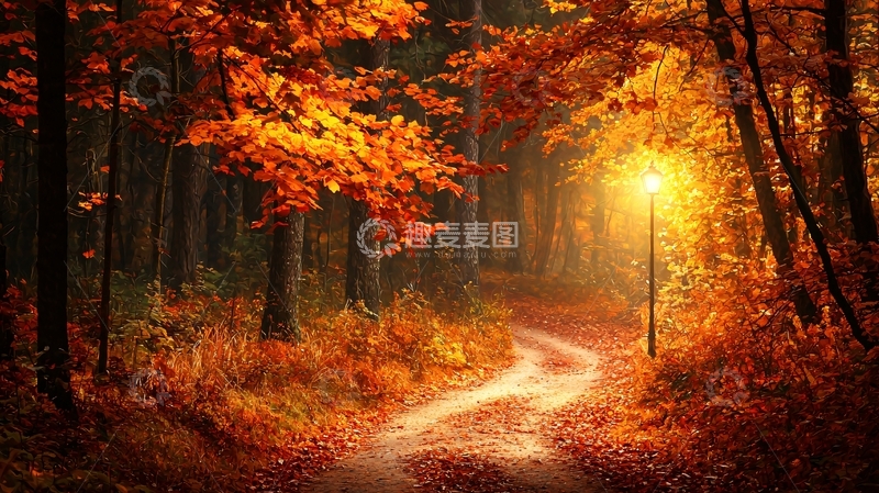 高清大图下载【趣麦麦图】秋日森林小路暖光