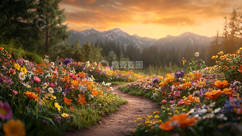 高清大图下载【趣麦麦图】鲜花盛开的山间小路