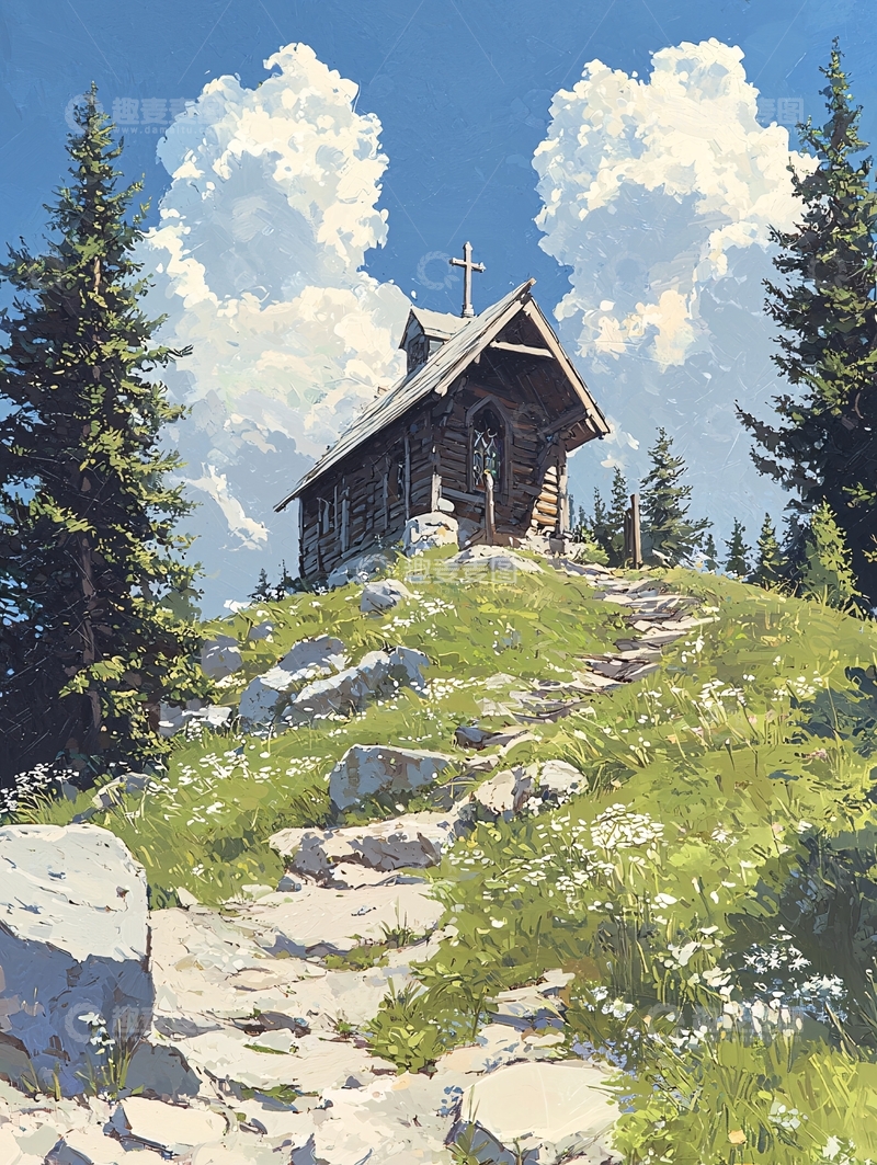 高清大图下载【趣麦麦图】山顶小屋高清图片