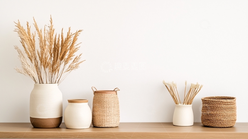 高清大图下载【趣麦麦图】米色干花与陶罐静物