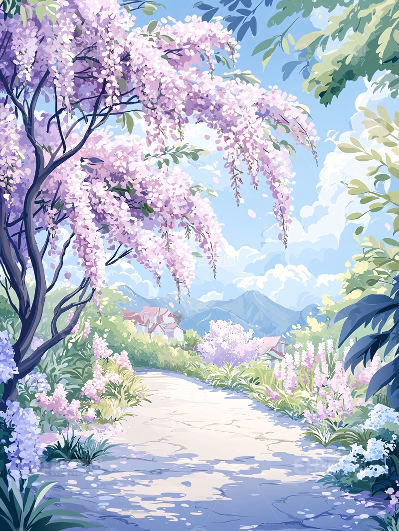 高清大图下载【趣麦麦图】紫色花朵环绕的梦幻小路
